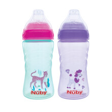Nuby 2 Pack No Spill Printed Thirsty Kids Sport Cup met Zacht Tuit en Deksel - 12oz, 12+ maanden, Aqua Cheetah & Paarse Puppy