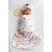 Terriboo Nieuweborn Bloemenprint Deken Baby Stretch Wrap Swaddle Met Hoofdband en Muts (Oranje en Roze)