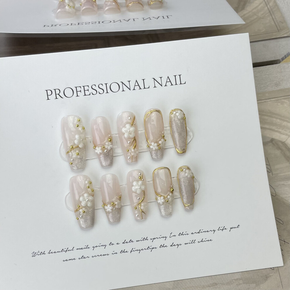 Penghui-Toys (M) Coffin Fake Nail For Women Flower Design Elegant Glittering Artificial Nail For Women Manicure Nail Decoration