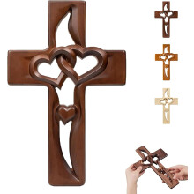 Handmade Wooden Cross with Intertwined Hearts,Hand-Carved Wooden Heart Cross Wall Decor,Symbol of Sacred Love for Wedding Valentine Gift