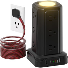 Litteä pistokejatkojohto, 12 pistorasiaa, 4 USB-liitäntää, 16,25 W, 6 jalkaa, punottu