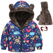 Doudoune à capuche Shldybc pour tout-petits (garçons et filles) – Imprimé fleuri, douce et chaude (bleu foncé, 12-18 mois) – Tailles
