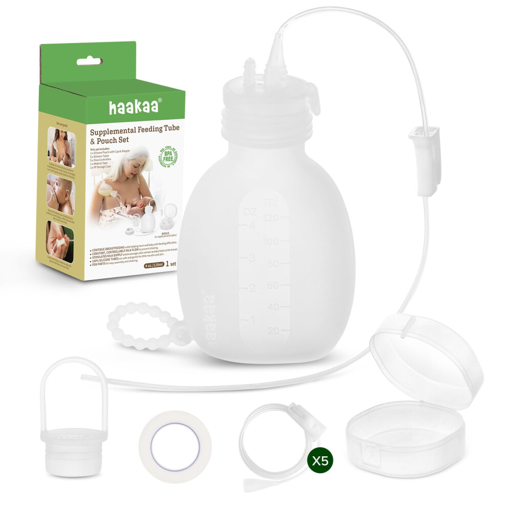 Silicone Supplemental Feeding Tube & Pouch Set - Breastfeeding Assistance Kit For Low Supply, Latching Support, Donor Or Pumped Milk - 120Ml Po Haakaa