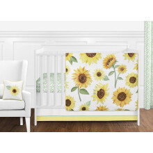 Sweet Jojo Designs Gul, Grøn og Hvid Solsikke Boho Floral Baby Pige Vugge Sengetøj Sæt - 11 Dele - Farmhouse Vandfarve Blomst