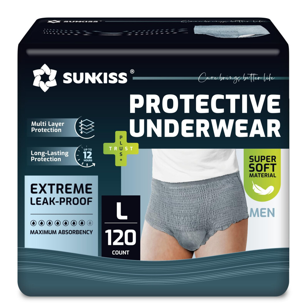 Sunkiss Grey Incontinence Underwear For Men, Daytime Disposable Adult Pull Ups, Mens Protective Briefs With Maximum Absorbency, Large, 120 Count