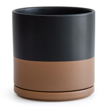 D'vine Dev 10 Inch, Keramisk Plantepotte med Drænhul og Tallerken, Indendørs Cylinder Rund Potte, Sort/Tegnet Tan