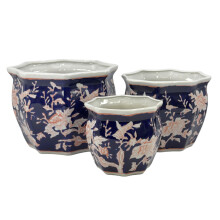 Set di 3 Vasi Ceramica Porcellana Floreale Blu & Rosa (7.5", 10", 13")