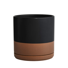 D'vine Dev 20 cm Keramisk Blomsterpotte med Drænhul og Underlag, Indendørs Cylinder Formet Potte, Sort/Spotted Tan