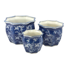 Galt International Set di 3 Vasi da Giardino in Porcellana Ceramica Blu e Bianca (7.5", 10", 13")