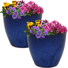 Sunnydaze Resort Ronde Keramische Plantenpot - Set van 2 Binnen- of Buitenpotten - 8" - Imperiaal Blauwe Glazuur