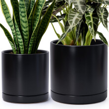 D'vine Dev 8 & 10 Inch Keramisk Plantepotte med Drænhul og Underskål, Store Plantepotter, Sort, 94-G-L-2