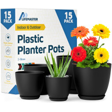 Zwarte Plantenpotten met Afvoergaten & Schotels 15 Stuks, Stapelbare Plastic Bloempotten voor Binnen & Buiten