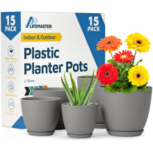 Grijze bloempotten met drainagegaten & schotels 15 stuks, stapelbare plastic plantenpotten