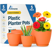 Gele Plantenpotten met Afwateringsgaten & Schotels 5 Packs, Stapelbare Plastic Bloempotten voor Binnen & Buiten