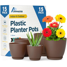Bruine Plantenpotten met Afvoeropeningen & Schotels 15 Stuks, Stapelbare Plastic Potten voor Binnen & Buiten
