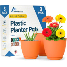 Gele Plantenpotten met Afvoergaten & Schotels 3 Stuks, Stapelbare Plastic Potten voor Binnen & Buiten