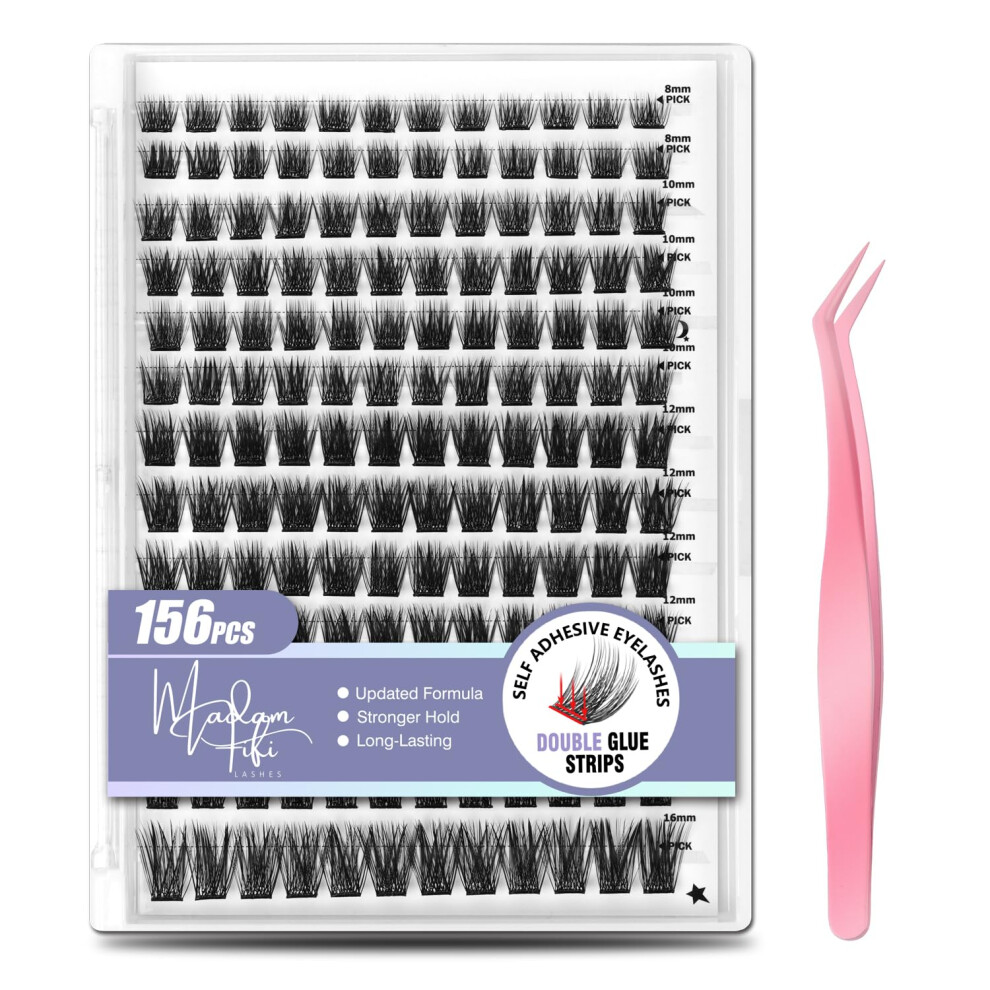 Madam Fifi Self Adhesive Eyelashes, 156 Pcs Self-Adhesive Lash Clusters - No Glue Needed, Dual-Row Sticky Strips, Diy Individual Lash Extensions, Soft