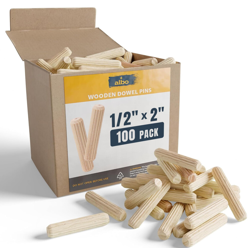 Albo Wooden Dowel Pins 1/2 X 2 Inch Fluted Wood Dowels Rods 100 Pack Hardwood Crafts Dowel Pegs 358521611213
