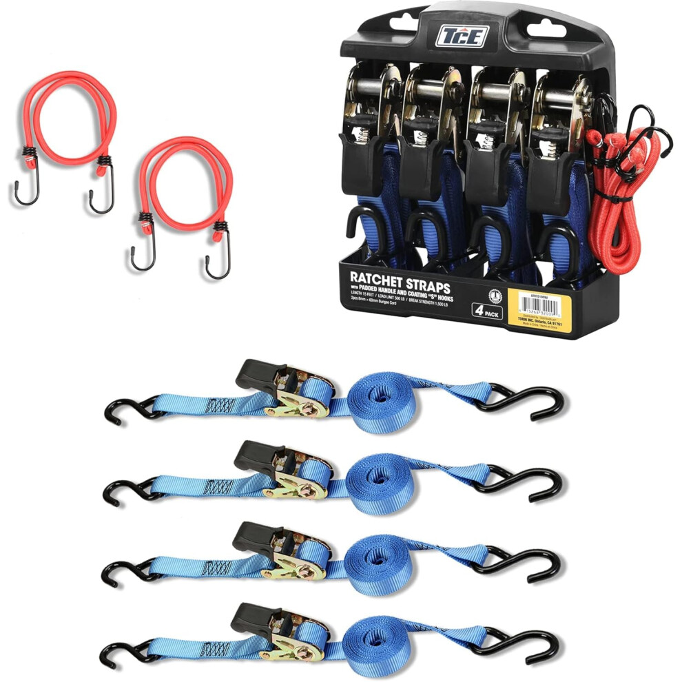 Tce 15 Foot Ratchet Tie Down Straps, 500 Lb Load Limit/1500 Lb Break Strength, Blue, 4 Pcs 810151424569