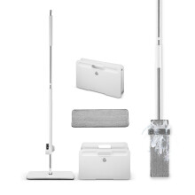 Swan Elevate Self-Wringing Flat Mop and Space Saving Folding Bucket Set, Built-In Wringing System, Ridged Microfibre Pad, White SWFC2012WHTN