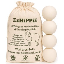 Ezhippie Quality Wool Dryer Balls - 4 XL Pack - 1000+ Loads - Pure Organic Wool - Reusable Natural Fabric Softener Perfect with Essential Oils, Reduce