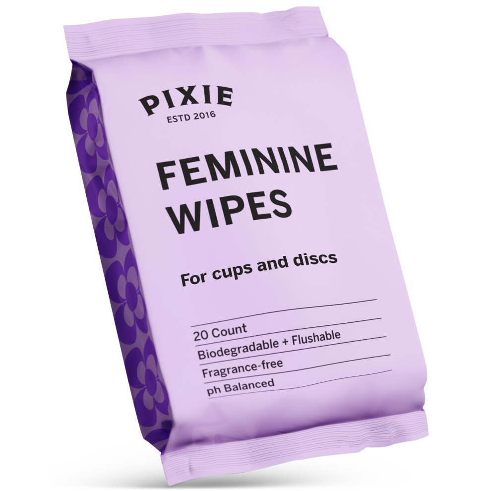Pixie Cup Menstrual Cup Wipes - On The Go Public Bathroom Feminine Wipes - Safe On Period Cups & Menstrual Discs - Biodegradable, Flushable, Ph Balanced (20