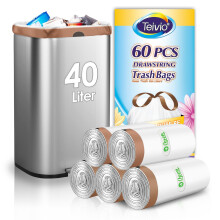 Teivio 40 Liter Bin Liners with Tie Tap, 60 Counts Strong Swing Bin Bags with Drawstring Handle, 10-13 Gallon Waste Bin Bags for Home Office Kitchen