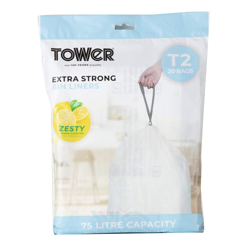 Tower Tower 75L Lemon Scented Bin Liners, 20 Pack, White