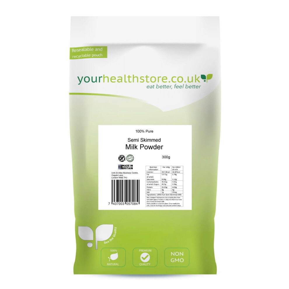 Yourhealthstore 100% Pure Semi Skimmed Milk Powder 300G, Made In Britain With British Milk, Low In Fat, No Additives, No Soy Lecithin, No Bovaer,
