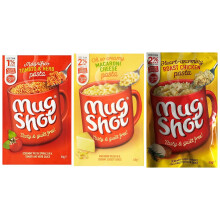 Mug Shot Pasta 6 Pack Bundle. 3 Flavours. 2 of Each: Roast Chicken; Macaroni Cheese; Tomato & Herb.