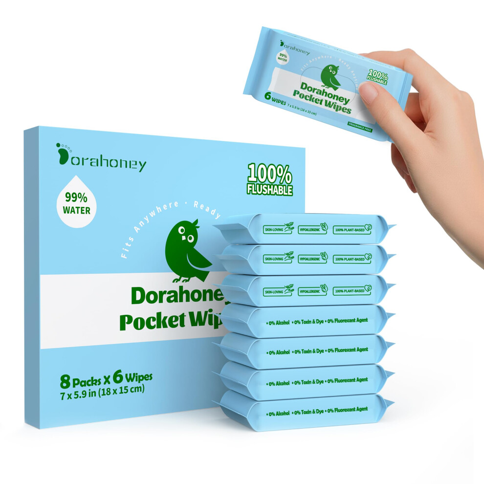 Dorahoney Mini Flushable Wet Wipes, Travel Size, 99% Water, Unscented & Hypoallergenic For Adults, Kids And Baby Care With Sensitive Skin,