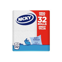 Nicky Soft Touch Toilet Tissue |Extra Value Pack ? 32 Rolls of Extra Gentle White Toilet Paper |190 Sheets per Roll| 2-ply | Soft Tissue | Modern