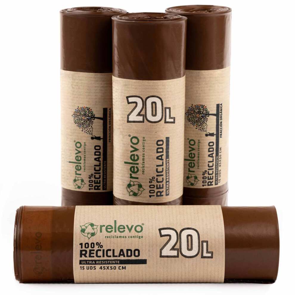 Relevo 20L Bin Bags ? Food Waste Bags Made Of 30 ?M (Micron) Thick 100% Recycled Plastic. Contains 60 Bin Liners