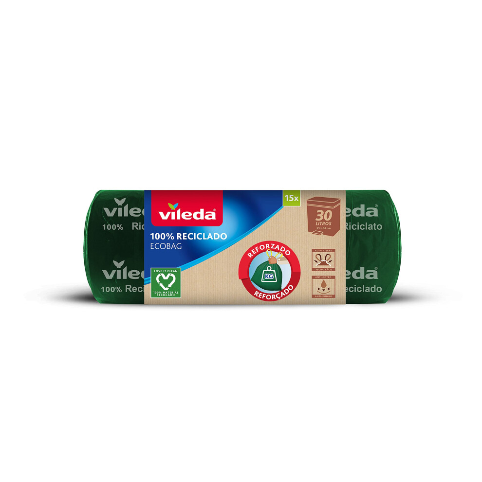 Vileda - Reinforced Ecobag Trash Bag, 30L, 100% Recycled, Green
