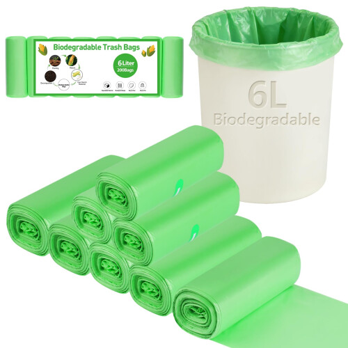 200 Counts 1.2 Gallon 6L Small Biodegradable Bin Bags, Compostable Caddy Liners
