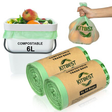 Compostable Food Waste Bags 6L, KITBEST Biodegradable Bin Liners with EN13432 Certification Home Compost Kitchen Caddy Trash Waste Garbage Bags