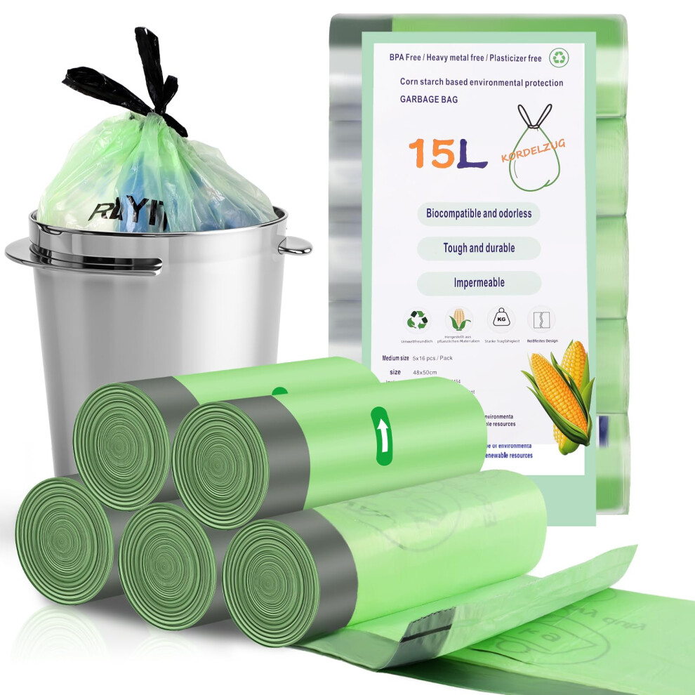 Rayito 80 X 15 Liter Small Bin Liners, 5 Rolls Bin Bags Drawstring Rubbish Bags Food Waste Bag Garbage Bag Bathroom Bin Liners Trash Bags For Office Green