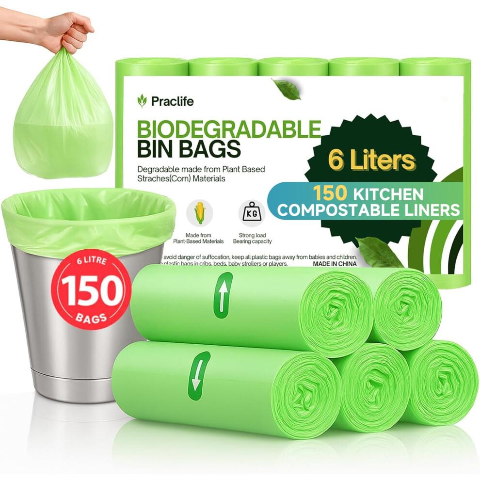 Praclife 150 Pcs Biodegradable Food Waste Bags, 6L Compostable Caddy Bin Liners, Small Clear Food Recycling Garbage Trash Bags Green
