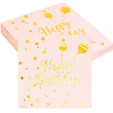 Karjiaja 40Pcs Happy Birthday Napkins Rose Gold Party Paper Disposable Pink Cocktail Foil Dot Serviettes 33X33cm