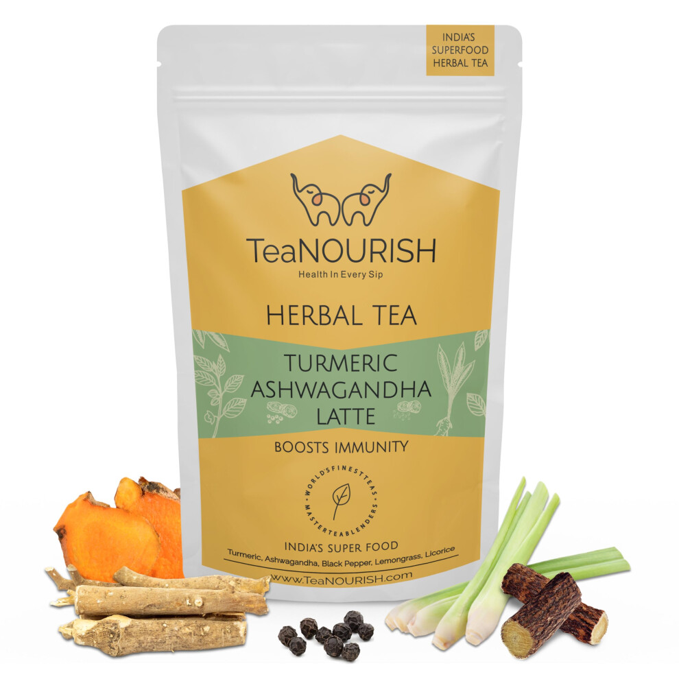 Teanourish Golden Turmeric Ashwagandha Latte | Milk Powder | Authentic Indian Remedy | Supports Immunity And Improves Overall Health | 100% Natural