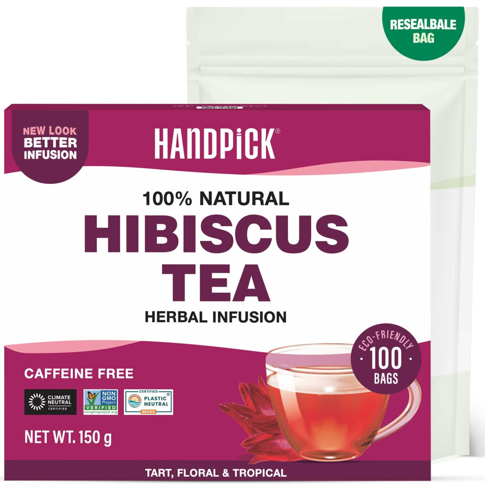 Handpick , Hibiscus Tea Bags - 100 Count | 100% Pure Ingredients- Hibiscus Flowers | Brew Hot, Iced Tea Or Kombucha Tea | Round Herbal Tea Bags