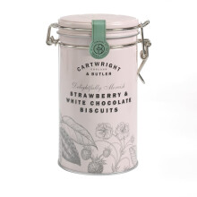 Cartwright & Butler Strawberry and White Chocolate Biscuits Tin | Embossed Clip-Lid Tin | Crisp and Crumbly | No Artificial Flavours or Preservatives