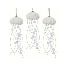 White Pearl Jellyfish Xmas Ornaments 3-Pack, Iridescent Coastal Decor w/ Crystal Ribbon & Faux Pearls – Compatible with Christmas Tree & Beach Home