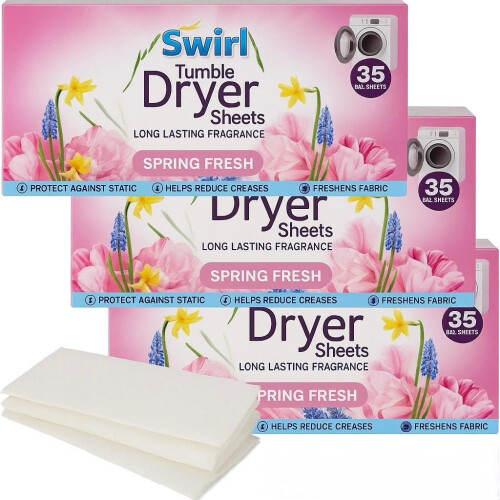 3 Pack Spring Fresh Tumble Dryer Laundry Sheets - 105 Sheets For Fresh Clothes and Linen