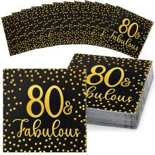 Tenare 40 Pcs 80th Black and Gold Glitter Napkins Happy 80th Birthday Fabulous Cocktail Disposable Napkin for Birthday Party Anniversary Decoration