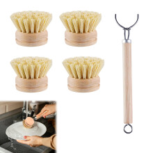 5PCS Wooden Washing Up Brushes Natural Wood Handle with 4 Replacement Heads Wooden Dish Brushes for Deep Cleaning Bamboo Dish Brush Eco Friendly and