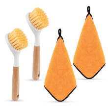 Artmitz 4Pcs Scrubbing Brush with Handle Set, Wood Handle Dish Brush, with Cleaning Cloths for Pans, Pots, Kitchen Sink Cleaning