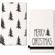 Merry Christmas Kitchen Towels Set of 2, Green Xmas Tree Snow Dish Hand Towels Holiday Home Indoor Bathroom Party Seasonal Noel Decorations