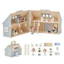 Casa de Muñecas de Madera de Olivia con 12 Accesorios y 4 Figuras - Casa de Juguete Portátil de 2 Pisos