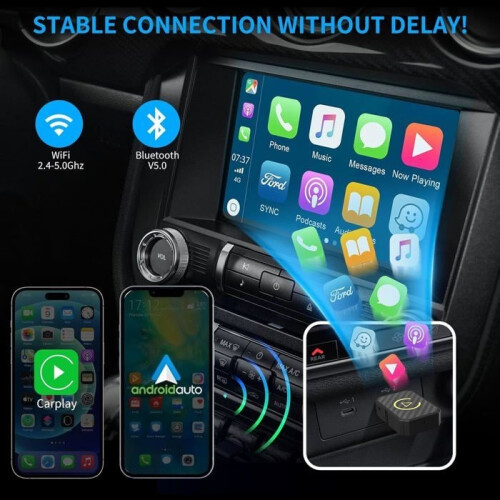 Wireless Carplay & Android Auto Adapter, Mini Stick to Convert Wired Carplay/Android Auto to Wireless, Compatible with Av 1